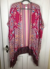 Chicos Kimono Coverup L/XL Large Paisley Floral Fringe Linen Blend Colorful EUC