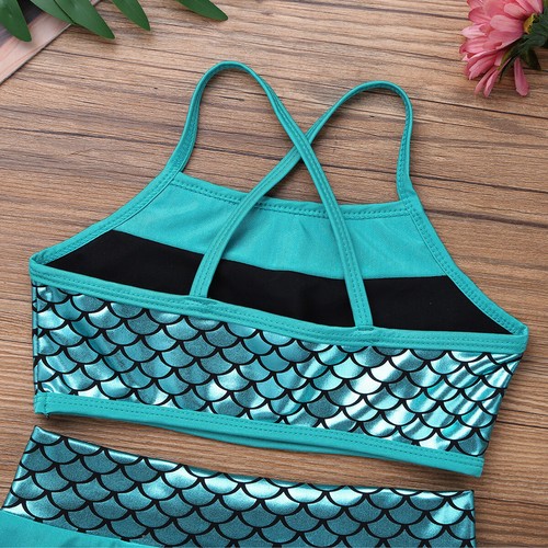 Girl 2Pcs Sequins Crop Top with Shorts Tankini Swimsuit Gymnastics Sports Outfit - Picture 33 of 171