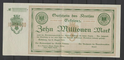 ERKELENZ 10 Millionen Mark 9.8.1923 Muster / Probe ohne Nummer KN ( 1051 N - Bild 1 von 2