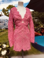Y2K LOVE TRIANGLE SIZE 10 PINK STRETCH CROCHET LACE BODYCON MINI DRESS