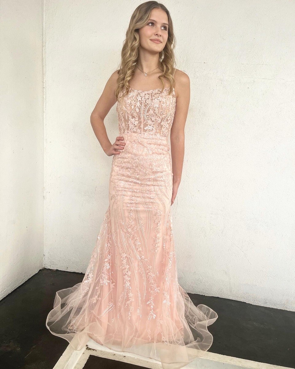 Light Pink Prom Dress Pink Lace Strapless Dress SHERRI HILL LACE