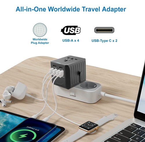 Worldwide Travel Adapter / Wall Charger with 4 x USB + 2 x Type-C + 2 Fuses - Picture 2 of 7
