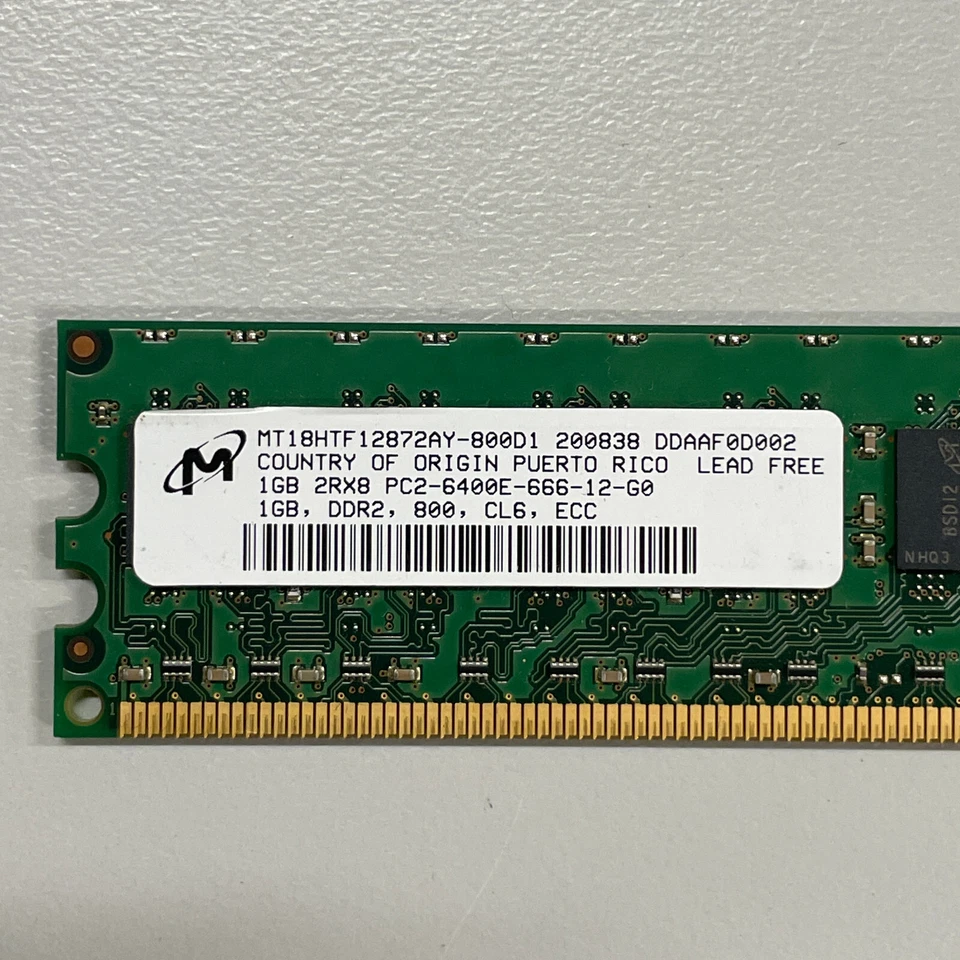 Micron 1GB DDR2 RAM PC2-6400 800MHz ECC Unbuffered CL6 DIMM MT18HTF12872AY-800D1 - Image 2 of 4