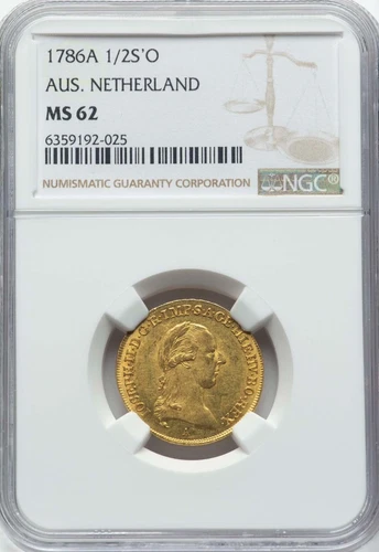 AUSTRIA - NETHERLANDS , GOLD 1/2 SOUVERIAN D'OR 1786-A  NGC MS 62 , RARE5