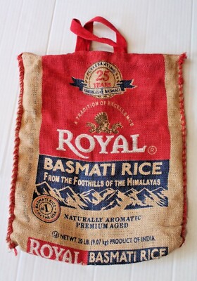 Vintage Royal Basmati Rice Burlap Bag Tote with Zipper & Red Handles
