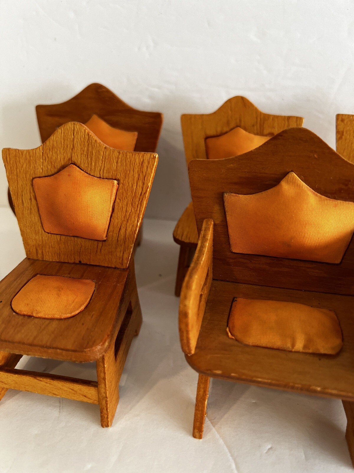 Vintage 7 Pc Wood Doll House Dining Set Furniture, Table & 6 Cushioned