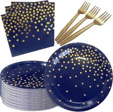 Serve 35 Guests Navy Blue and Gold Party Supplies,7 Inch Blue and Gold Paper Pla