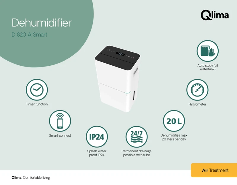 Deumidificatore Aria Portatile Smart WiFi QLIMA D820 20 Litri per Ambiente 50 mq, fotografia 14 di 14