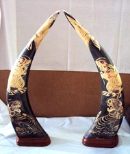 2PCS RARE VINTAGE TIGER AND DRAGON CARVINGS Etching Asian UNIQUE!!