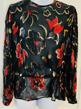 Vintage LLOYD WILLIAMS Sheer Blouse Black with Black, Gold  Red Floral shiny
