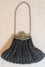 Antique 1910-20s Black Glass Micro Hand Bead Purse Filigree Frame Chain Flapper