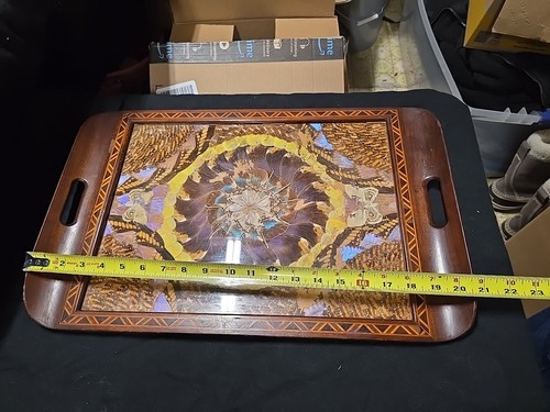 Antique Brazilian Wood and Glass Tea Tray with Inlaid Real Butterfly Wings! - Picture 16 of 17