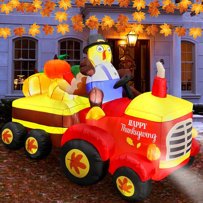 6FT Thanksgiving Inflatable Turkey Driving Tractor with LED Lights   Yard & Lawn