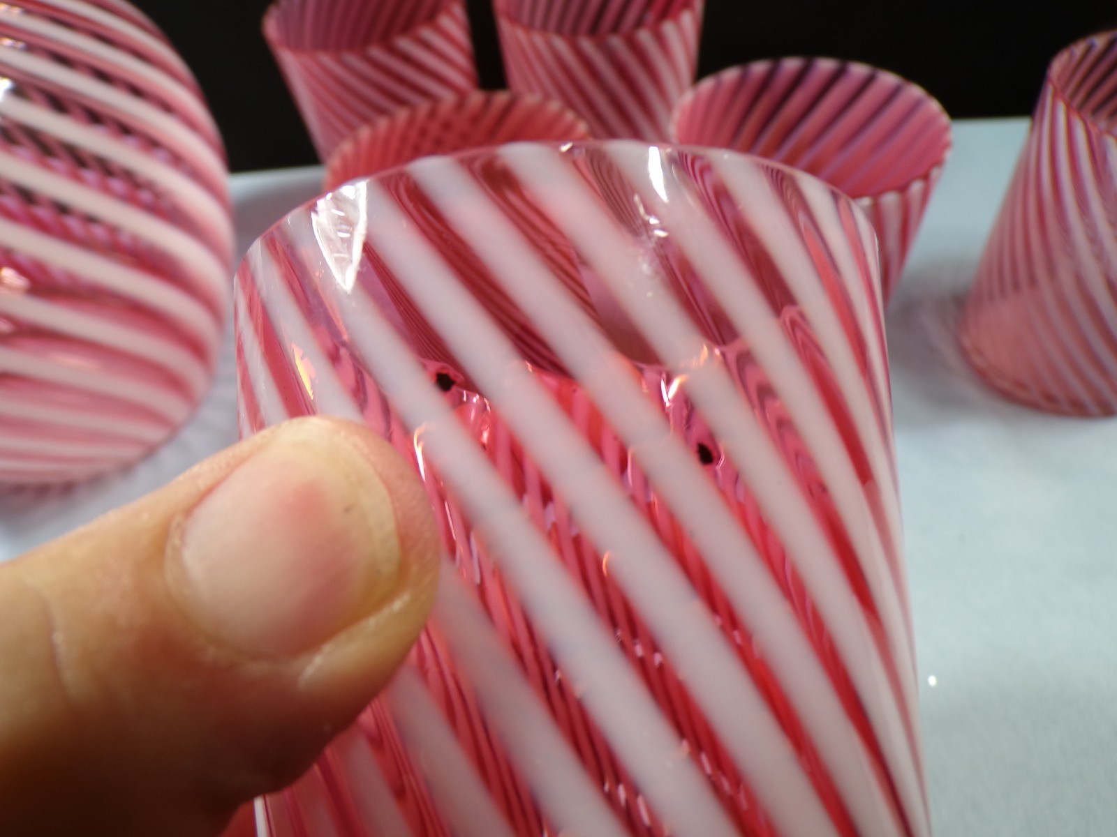 Northwood Cranberry Opalescent Swirl Spiral Optic Water Set Pitcher & 6 Tumblers