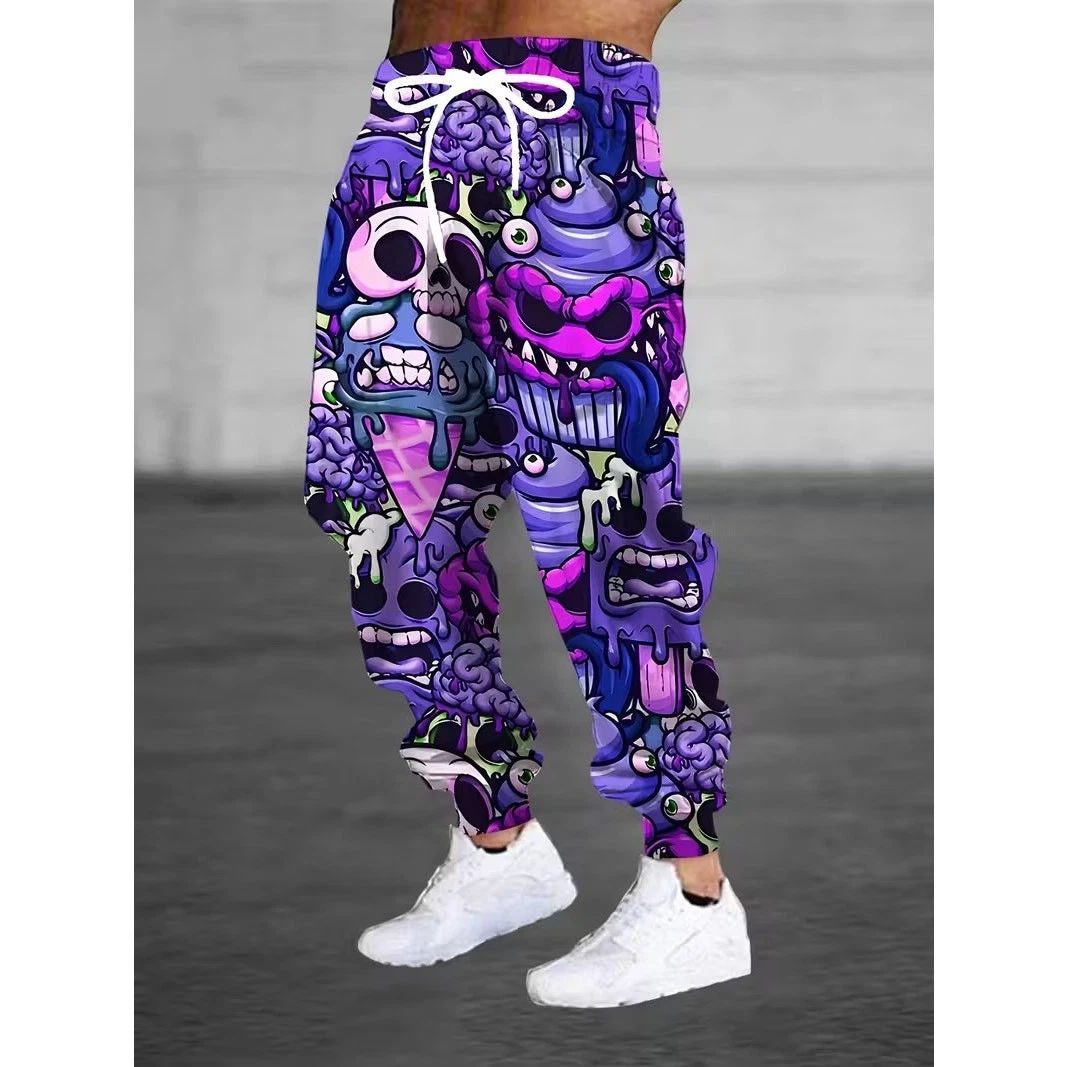 Men's Graffiti Purple Skull Ice Cream Monster Streetwear Joggers Pants XL