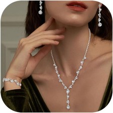Silver Jewelry Set for Women Rhinestone Necklace and Earrings