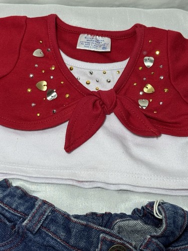 Build A Bear Denim Jeans bestickt rot Blumen rot weiß Pailletten Herz Top - Bild 4 von 7
