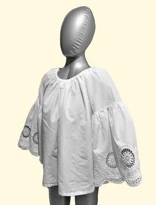 LOFT- BOHO CHIC  100% COTTON WHITE BLOUSE WITH EMBROIDERED BELL SLEEVES S-LARGE