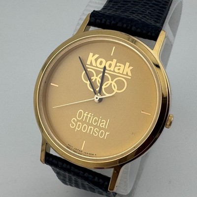 Unused Kodak Olympic Sponsor Quartz Watch Men Gold Tone Leather New Battery