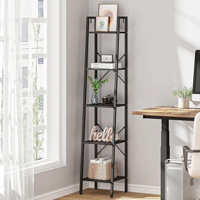 Ladder Shelf Freestanding Corner Bookcase with 2 Hooks for Home