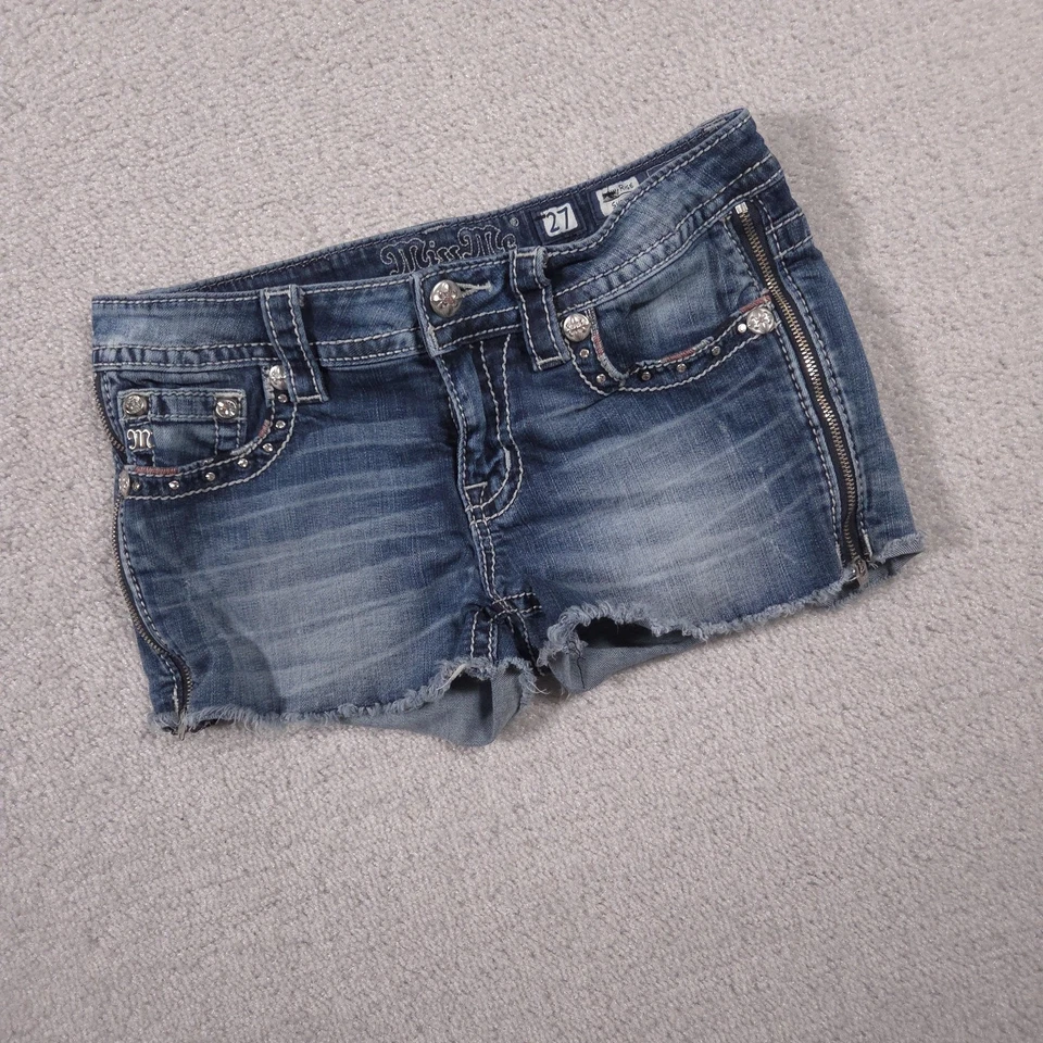 Miss Me Denim Shorts Womens 27 Blue Low Rise Rhinestone Cutoff Studded J3418H - Image 2 of 4