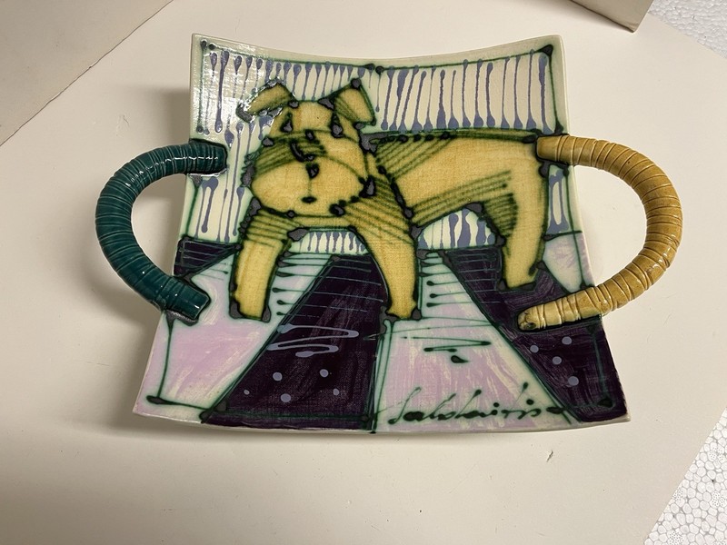 Decorative Ceramic Hand Painted Platter With 2 Handles,”Saldaitis”. 1 Of A Kind