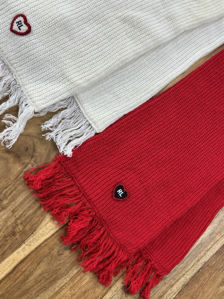 Polo Ralph Lauren Mezcla de Lana Rojo y Blanco Bufanda Tejida 8" Ancho Talla Única 7-16 Lote Foto 2 de 4
