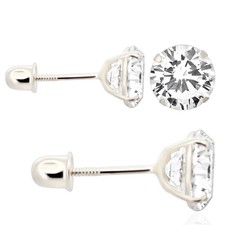 14K Solid White Gold Screw Back Stud Earrings with Clear Round Cubic Zirconia