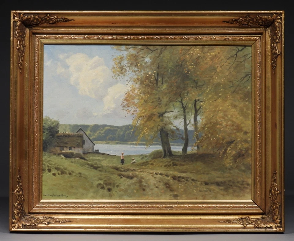 BELEZA! Pintura O/C artista dinamarquês Niels Walseth crianças em cena do lago - Imagem 2 de 4