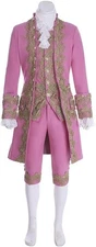 Pink Baroque Embroidered Suit With Gold Trimmed Tailcoat And Knee-Length Pants