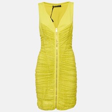 Versace Yellow Embellished Tulle and Jersey Ruche Mini Dress M