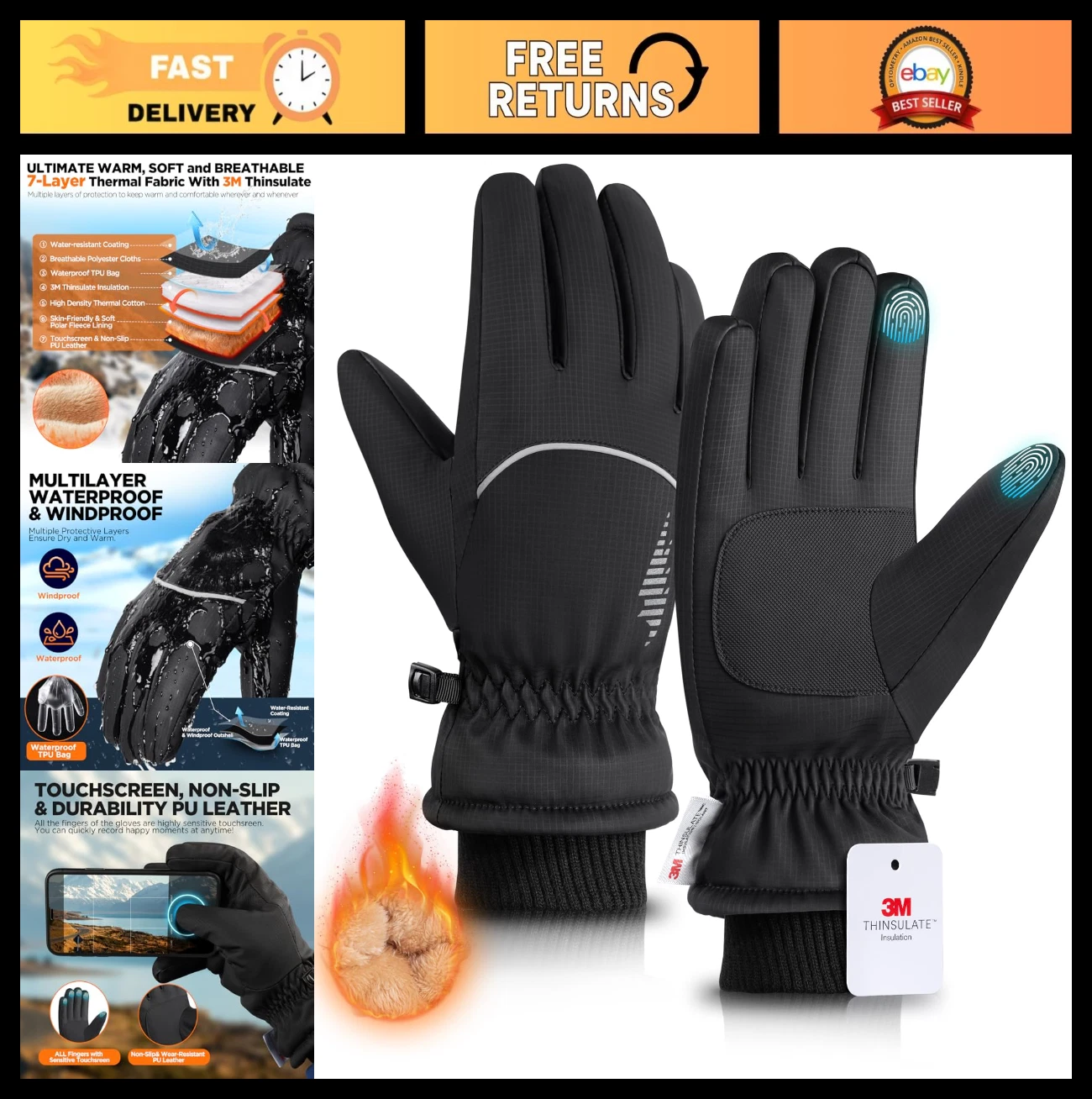 Thermal Waterproof Winter Gloves for Men & Women - Touchscreen Skiing, Running