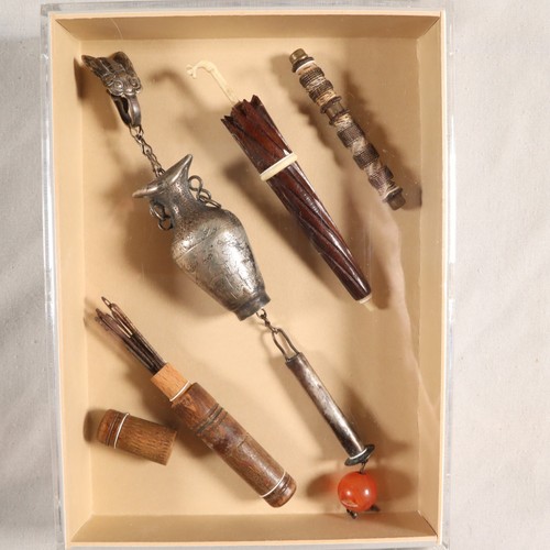 Antique Needle Case Collection French Parasol Chinese Silver Brass & Wood