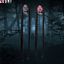 2 Halloween Glowing Hanging Skull With Long Hair LED Glowing Eyes Skeleton Decor