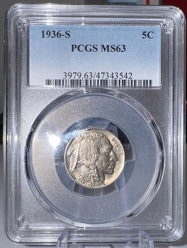 1936 S Buffalo Nickel 5c PCGS MS63 Nice Luster San Francisco