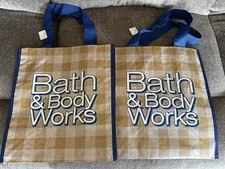 Bath & Body Works Gingham Blue / Brown 2 pc Set Reusable Shopping Gift Bag NWT