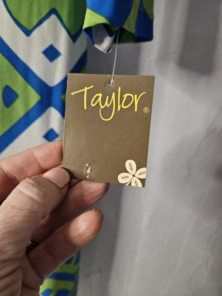 Vestido Taylor Talla 4 Retro Artístico Verde Azul Geométrico Nuevo #239 Foto 4 de 4
