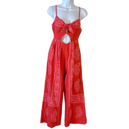 Free People Linen Bohemian Wide Leg Cut Out Jumpsuit in Red Bandana Size 2 - Picture 5 of 11