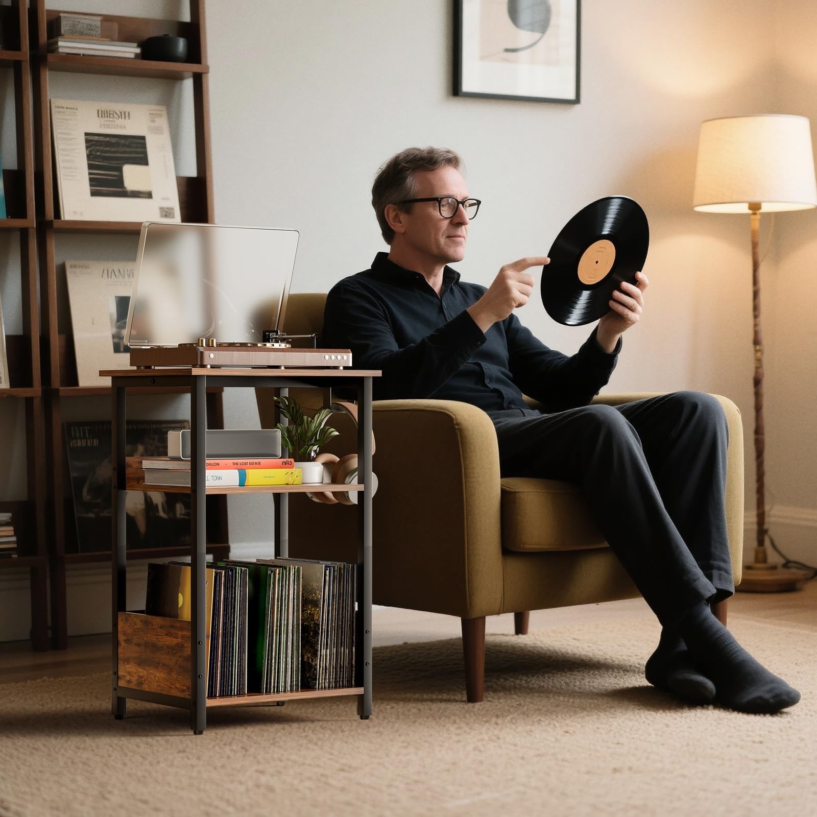 Small Record Player Stand with Vinyl Storage Cabinet, Turntable Table for Alb...