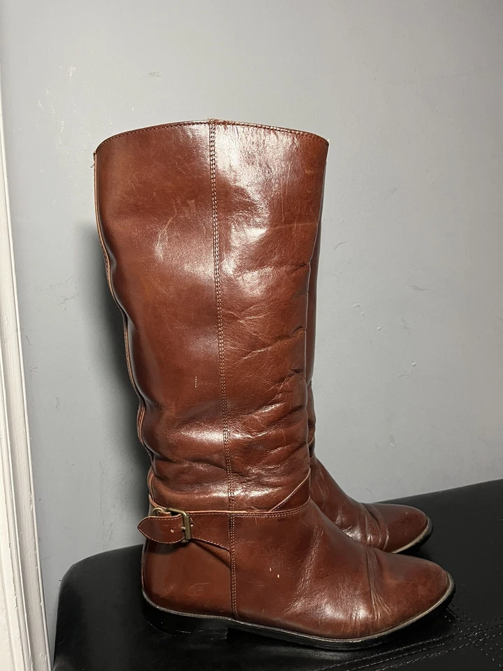 Botas de Montar Altas Ecuestres De Colección Pull On 8 Cuero Marrón Hasta la Rodilla Hechas en Italia Foto 2 de 4