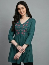 Indian Women BEAUTIFUL Green Rayon Floral Embroidered Kurta Kurti New Top Tunic
