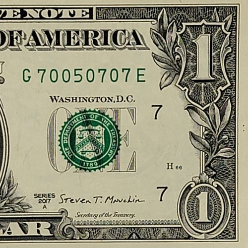 Four of a Kind 0s Fancy Serial Number One Dollar Bills G70050707E 2017 Triple 7s