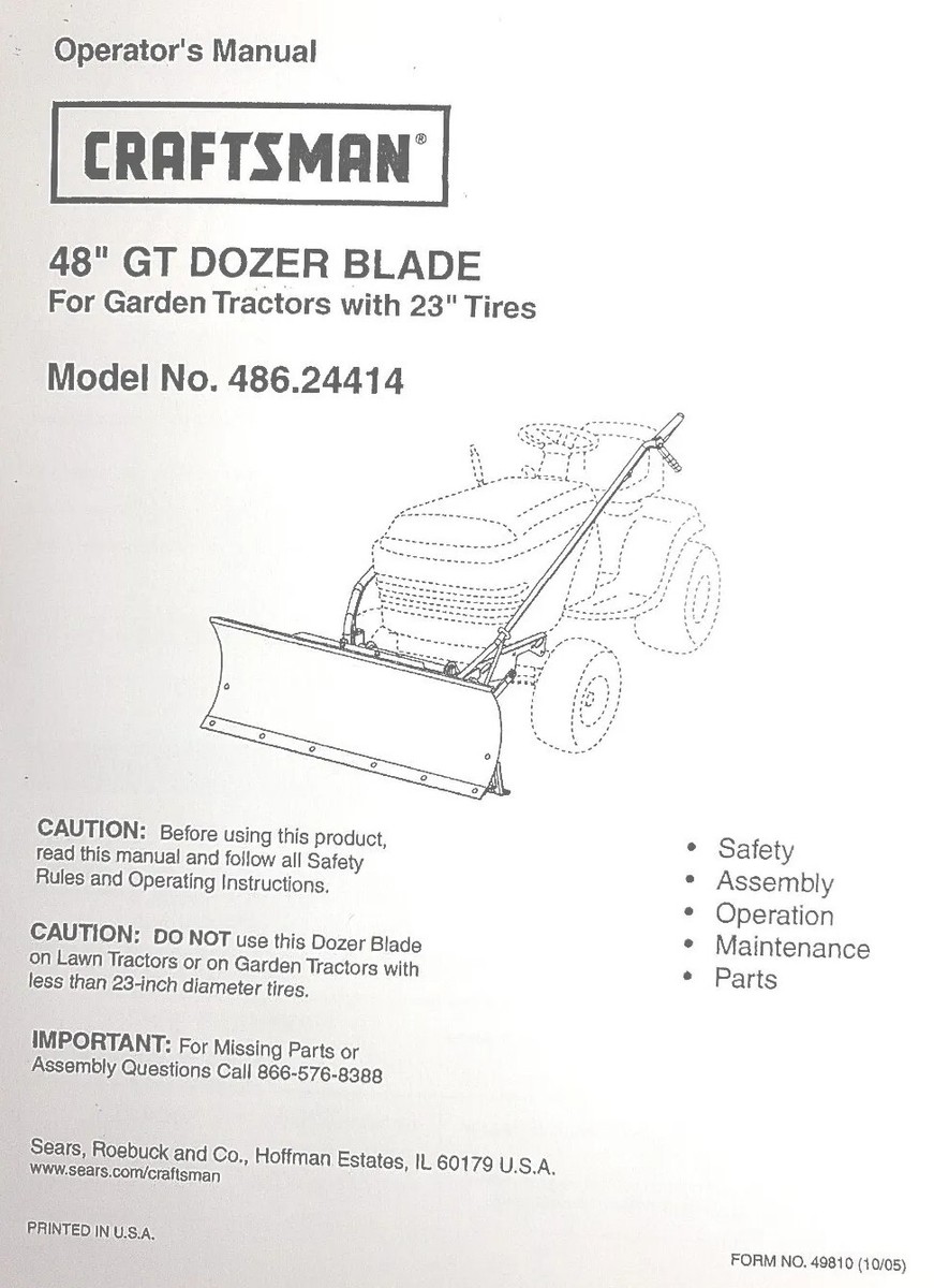 Craftsman Garden Tractor 48 Dozer Blade Implement 486.24414 Owner