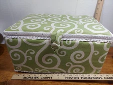 Green & White Cloth Covered Sewing Box Storage Case 15 x 10 x 8"