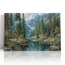Mountain Cabin Canvas Print Wall Art – Rustic River Nature Scene Wall Decor