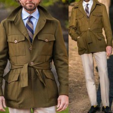 Brown Men's Safari Jacket with Belt Multi Pockets Casual Outdoor Hunting Coat