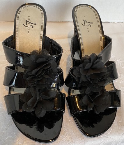 Life Stride Size 7 Black Patent Leather/Silk Flower Wedges