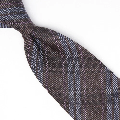 Josiah France Mens Wool Silk Necktie Brown Light Blue Pink Plaid Weave Tie Italy