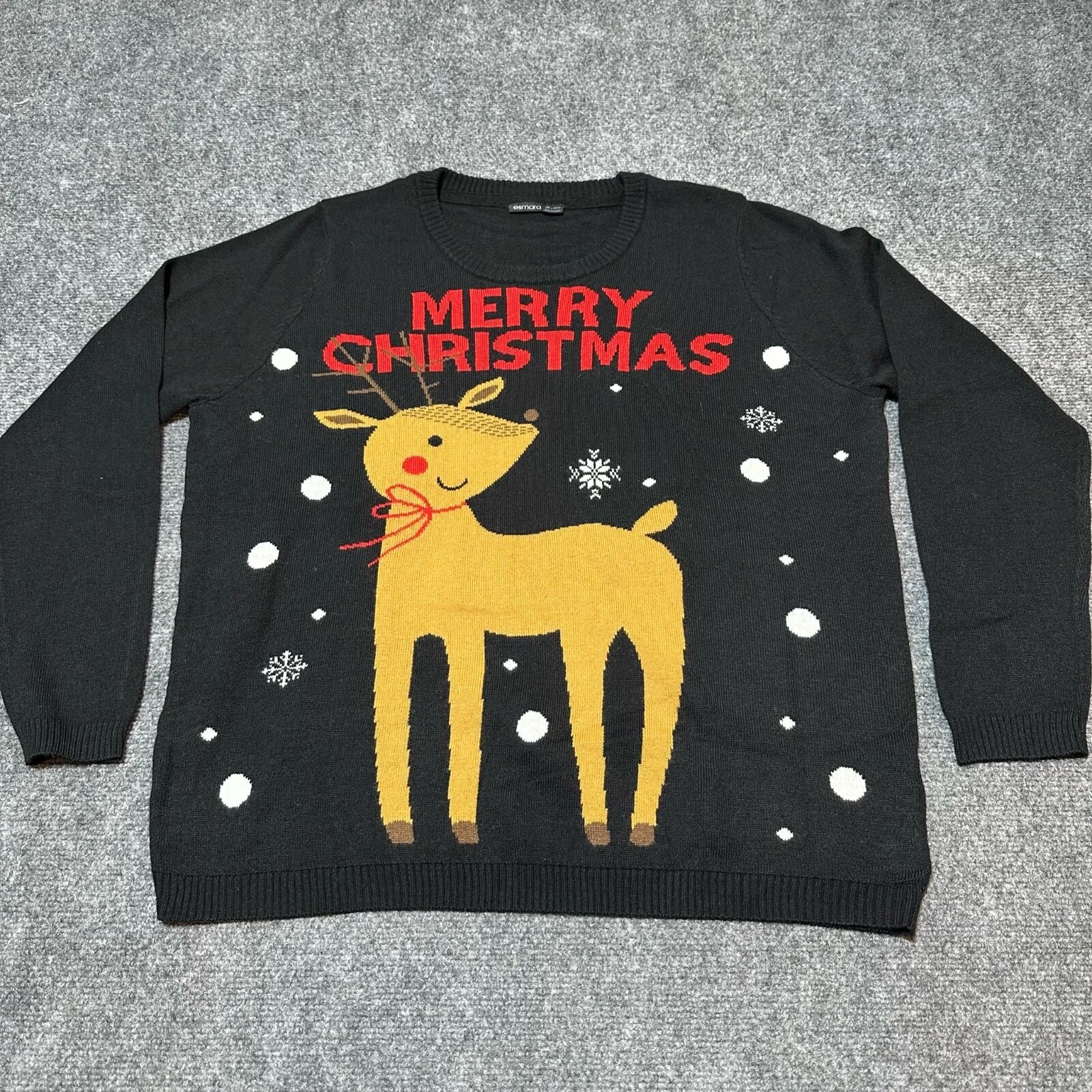 NEW Esmara Ugly Sweater Mens Large Black Knit Pullover Reindeer Merry Christmas