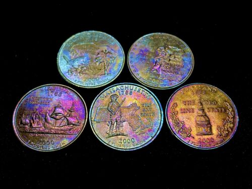 Set of 5 2000 P State Quarters MONSTER RAINBOW 🌈 TONED! + free gift!🎁 - Picture 1 of 7